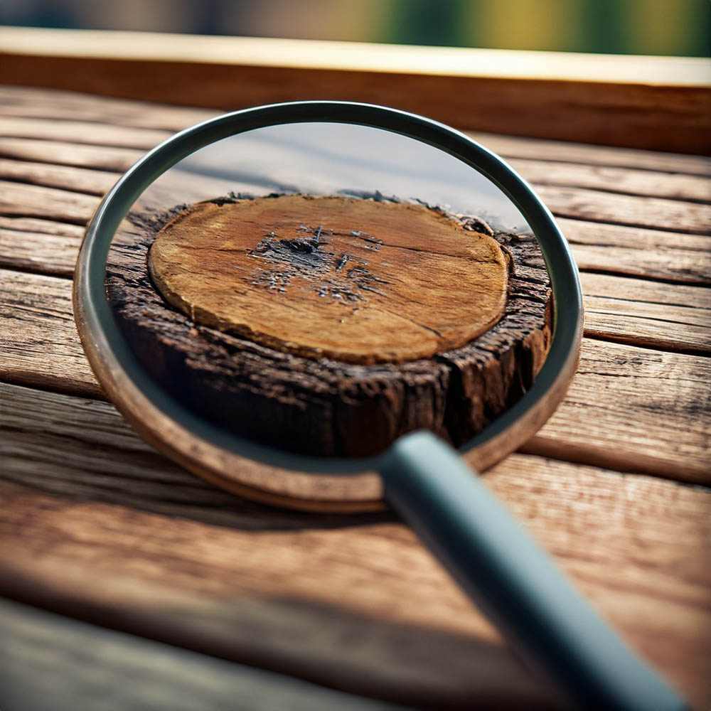 magnifying glass looking at dry rot on oak tree