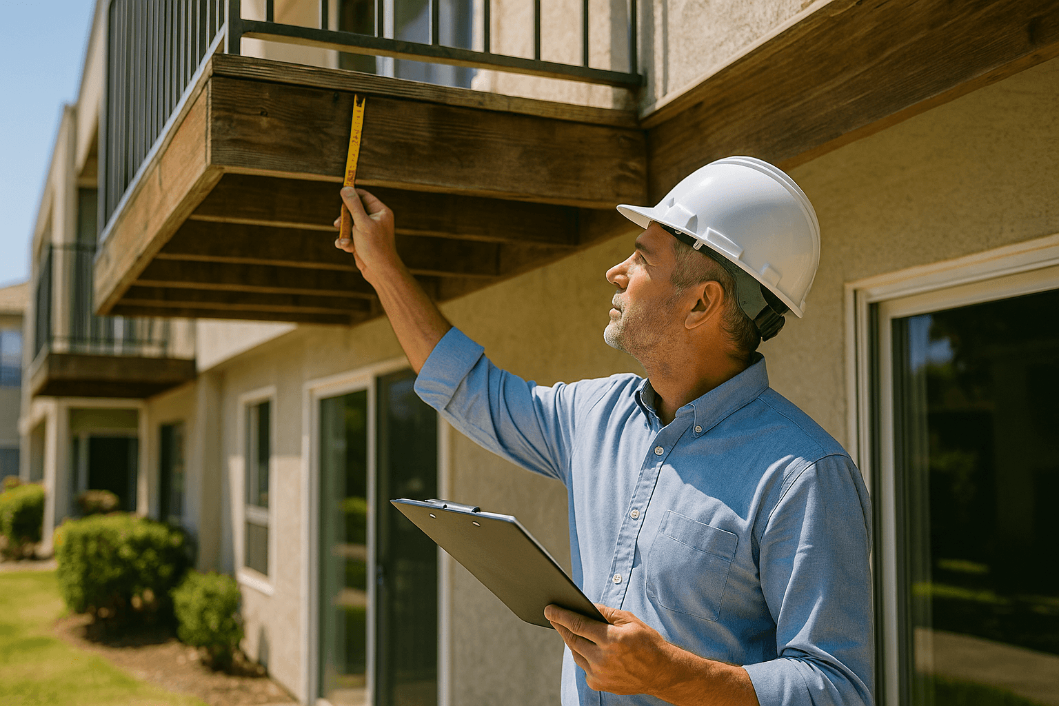 Licensed structural engineer measuring a wood-framed condo balcony during an SB 326 inspection in California